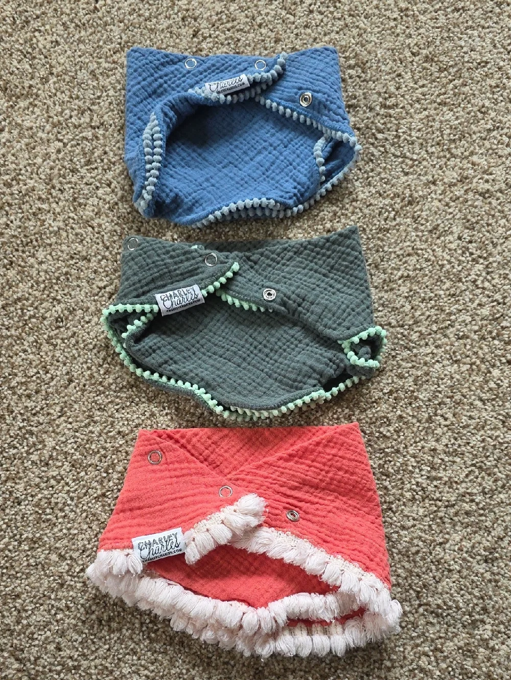 Bandana Style Bib - Blue, Green, Coral - Charley Charles - Cotton Muslin